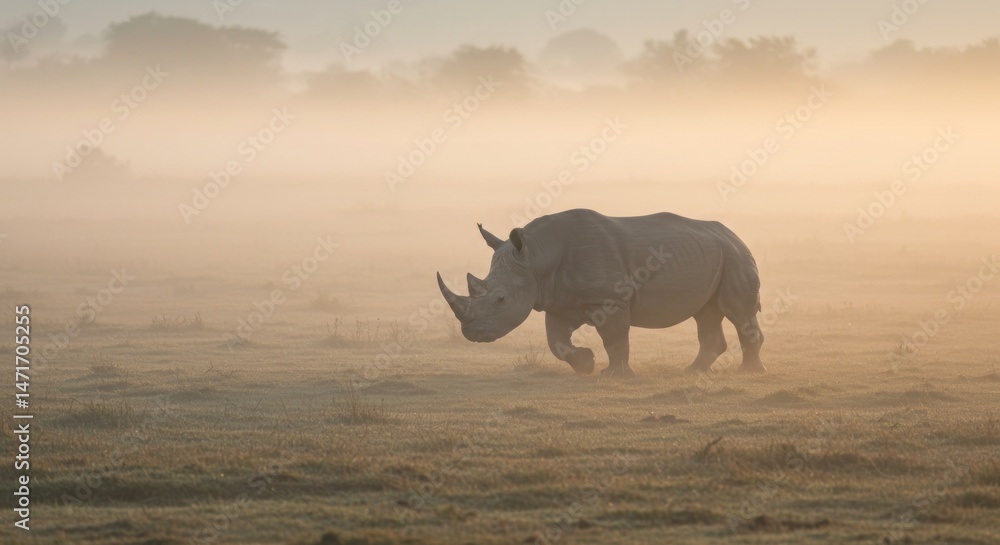Fototapeta premium A majestic rhinoceros stands calmly in the morning light, surrounded by soft mist and natural wilderness, embodying strength and serenity.