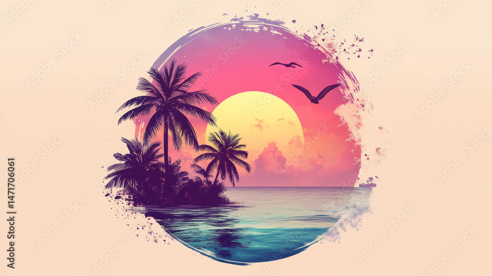 Naklejka premium Circular summer-themed web or print design with tropical elements, perfect for event announcements