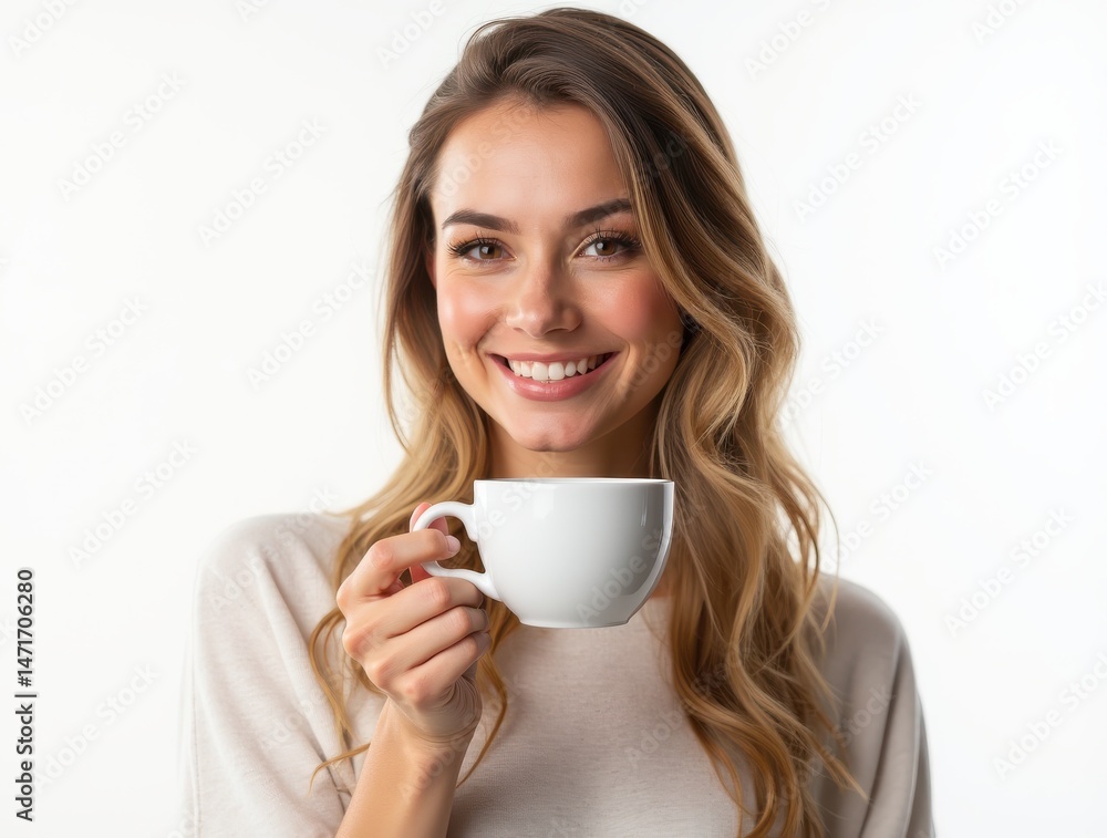 Attractive smiling woman holding a white coffee cup enjoying her morning with beverage. Attractive smiling woman holding a white coffee cup enjoying her morning with beverage.
