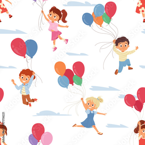 Seamless vector pattern with cheerful cartoon children flying with colorful balloons in sky Happy kids in motion, smiling and playing Bright playful design for fabric, wrapping paper or kids products