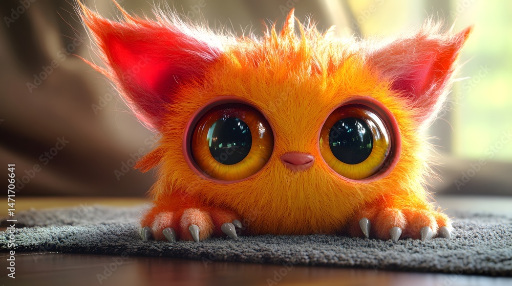 Fototapeta premium Playful 3D furry creature with enormous eyes and copy space in charming pastel tones