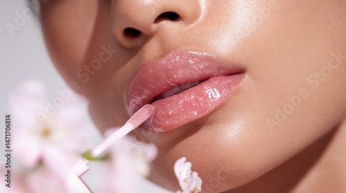 Glossy lips with lip gloss applicator and spring flowers
