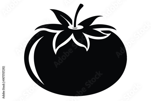 Black silhouette displays fresh tomato with leafy top and simple white highlight