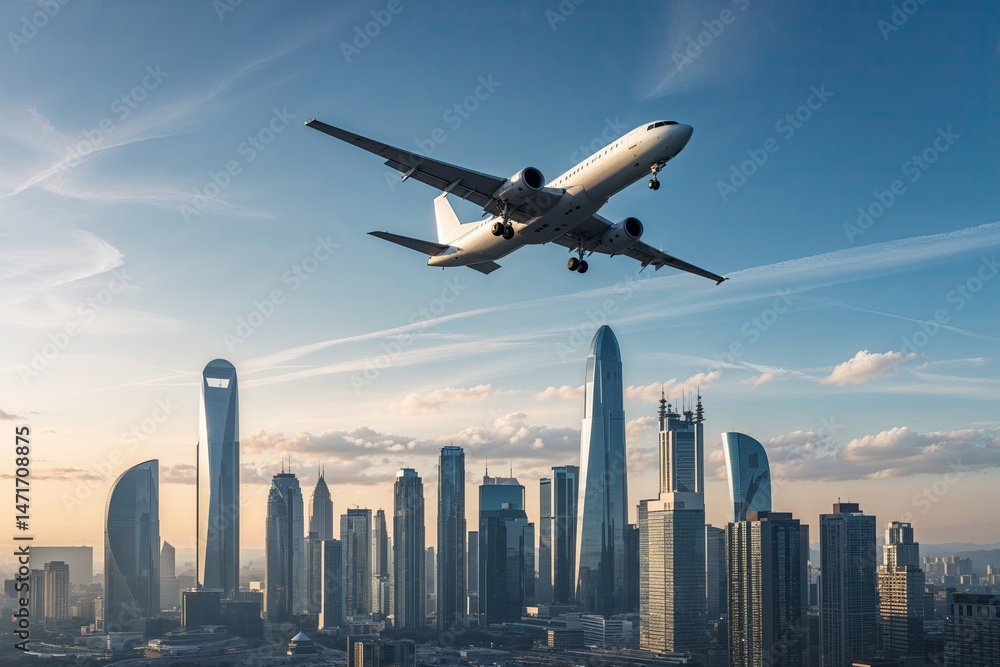 Soaring Airplane Above Urban Skyline with Modern SkyscrapersTowering Buildings and Jet Silhouette Over Urban Skyline Soaring Airplane Above Urban Skyline with Modern SkyscrapersTowering Buildings and Jet Silhouette Over Urban Skyline