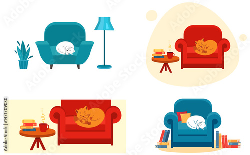 Concept of cozy home and reading. Cute cat is sleeping on chair, books are lying on table and there is  mug of coffee. Vector illustration in flat style.