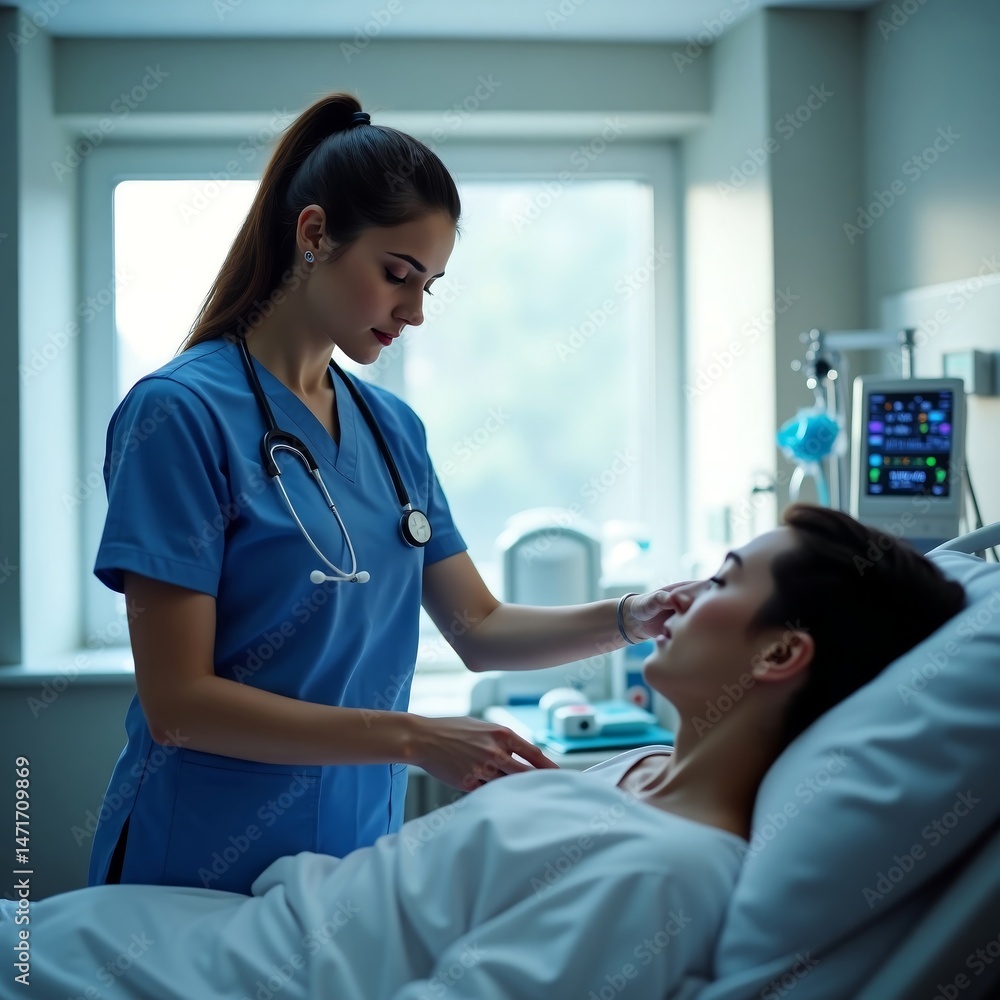 Obraz premium Female Nurse Caring for Patient in a Hospital Room with Medical Equipment
