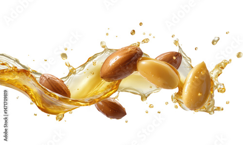Dynamic Splash of Golden Liquid with Almonds and Shea Nuts or Argan Nuts in Mid-Air, Capturing the Essence of Natural Ingredients, Isolated on Transparent and White Background