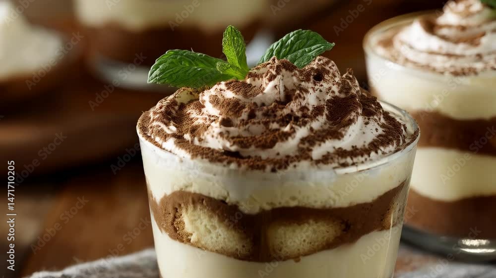 Delicious layered dessert in a glass with cream, chocolate, ladyfingers and cocoa powder with a mint leaf garnish. Delicious layered dessert in a glass with cream, chocolate, ladyfingers and cocoa powder with a mint leaf garnish.