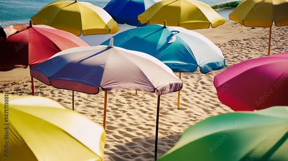 Colorful beach umbrellas casting shade on sandy shore, epitomizing summer leisure and sunlight drenched relaxation moments
