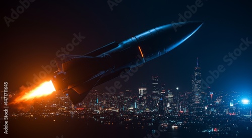 Wallpaper Mural Missile Launch Over Cityscape at Night - A ballistic missile launches over a city at night, symbolizing military might, technological advancement, global conflict, potential destruction Torontodigital.ca