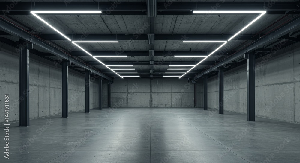 Obraz premium Modern Industrial Garage Interior with Bright Lighting - Empty, spacious industrial garage. Clean lines, bright overhead lights, concrete floor, and exposed structural elements create a modern
