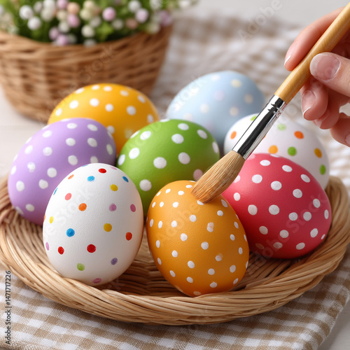 Hand painting colorful easter eggs with polka dot patterns