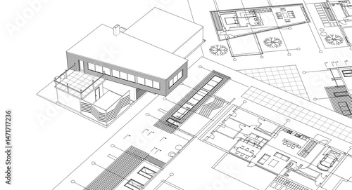 residential house plan sketch 3d illustration