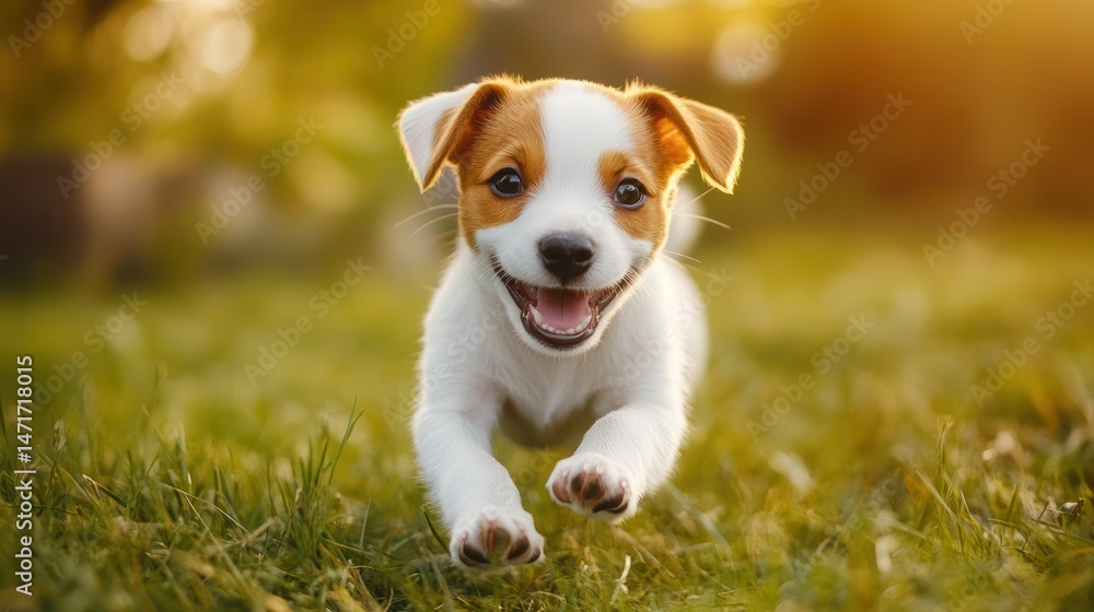 Joyful Jack Russell Terrier Puppy Running in a Sunny Meadow Joyful Jack Russell Terrier Puppy Running in a Sunny Meadow