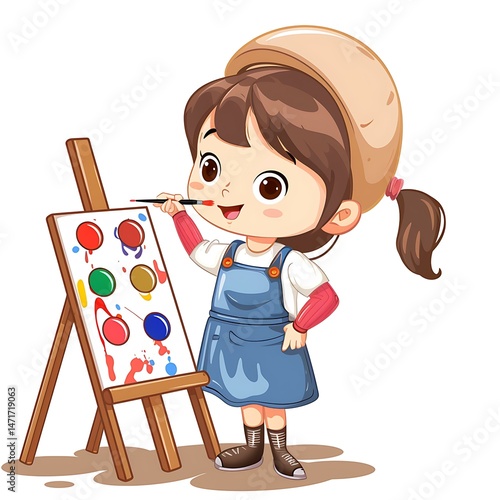 Painter girl with easel and palette, oil painting cartoon