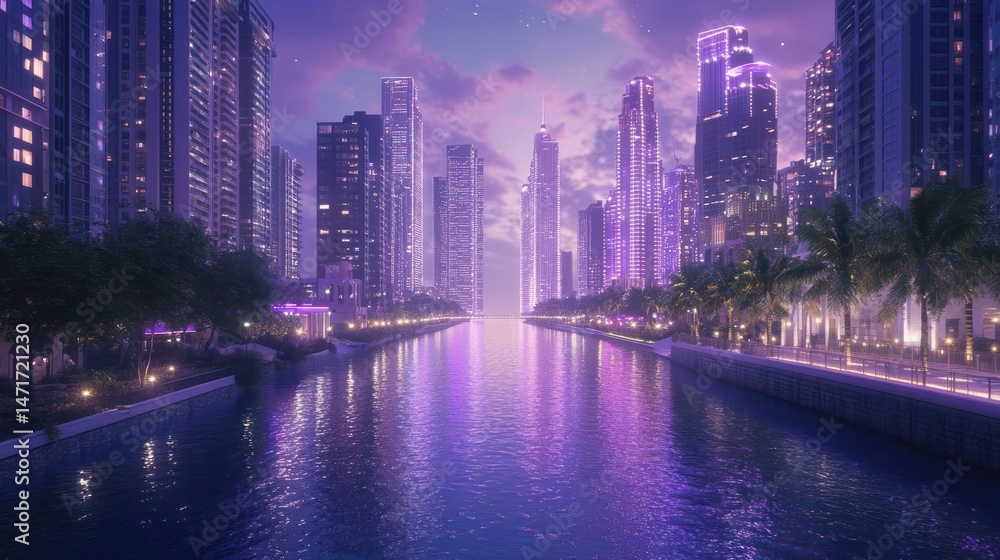 Fototapeta premium Futuristic city canal at dusk