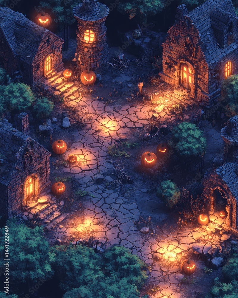 Obraz premium A mystical, Halloween-themed, pixelated village at night, lit by pumpkins