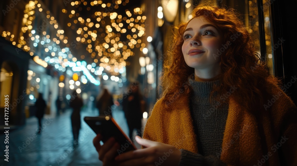 Obraz premium Night Cityscape: Redhead Woman with Phone, Christmas Lights