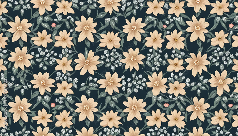 Seamless Floral Pattern With Beige Flowers And Blue Green Leaves On Dark Blue Background Repeatable Textile Design For Wallpaper And Fabric Seamless Floral Pattern With Beige Flowers And Blue Green Leaves On Dark Blue Background Repeatable Textile Design For Wallpaper And Fabric