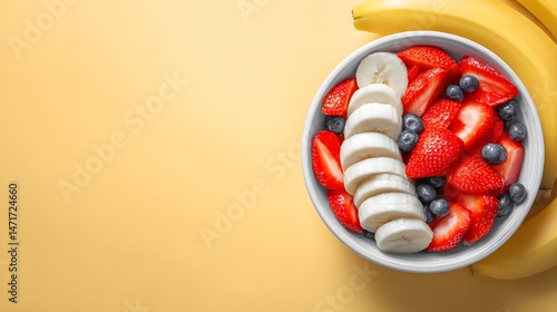 A top-down shot shows a white bowl filled with sliced strawberries, blueberries, and bananas, along with bananas on a bright yellow background providing copy space.
