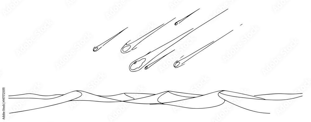 Fototapeta premium falling meteors over desert landscape, minimalist one line vector in linear abstract style