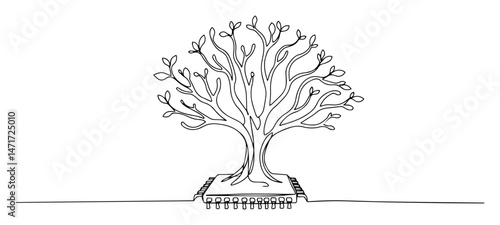 Vector line tree growing from computer microchip, green technology