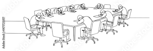 tired people sleeping at meeting table, humorous business concept in one line drawing