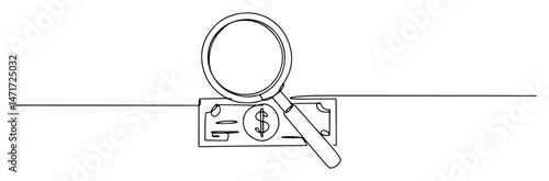 Magnifying glass inspecting dollar bill, financial audit line art