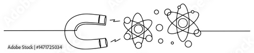 magnet attracting atomic particles in scientific minimalist line vector style