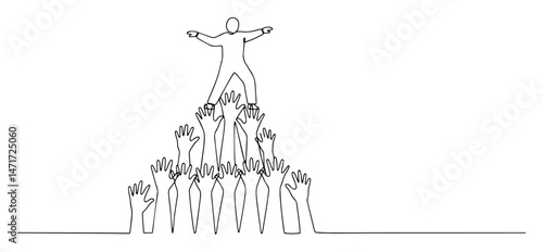 Leader atop pyramid of hands, teamwork support line art
