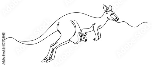 kangaroo with joey in pouch jumping, drawn in one line minimal black and white vector