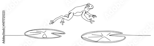 black and white vector of a frog jumping between lily pads on water surface, minimal continuous line style