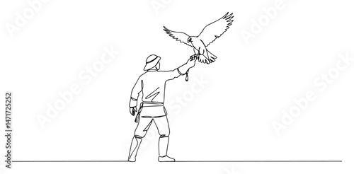 one line vector of falconer holding bird of prey, minimalist traditional hunting scene