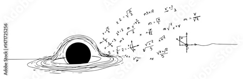 black and white vector of black hole with mathematical formulas, minimal continuous line illustration