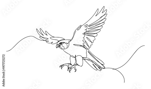 One line sketch of a bird attacking mid-flight. Sharp wings and claws in a dynamic black and white vector style