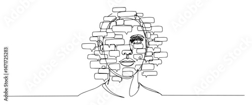one line face illustration with many thought bubbles, symbolizing mental overload