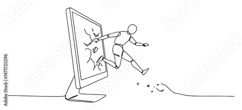 minimalist one line vector of person escaping computer screen, symbol of digital freedom