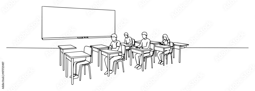 Naklejka premium students sitting at desks in classroom with whiteboard, black and white vector