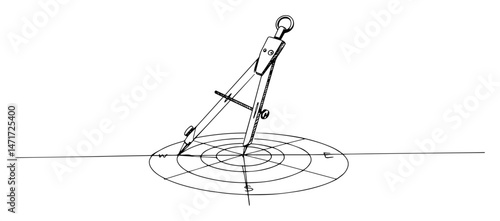 black and white vector of a drawing compass sketching concentric circles in minimal one line style
