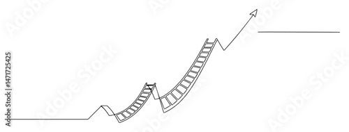 black and white one line vector showing a ladder helping to climb a rising success graph
