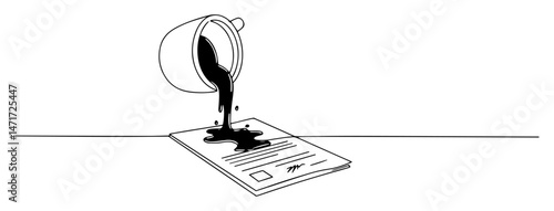 Bucket of oil spilling over contract, costly mistake line art