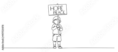 child holding sign with hope and peace message, black and white continuous line vector