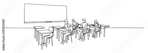 students sitting at desks in classroom with whiteboard, black and white vector