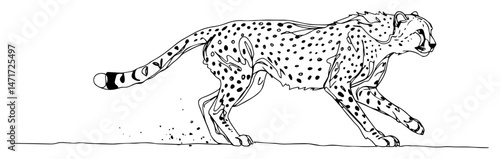 Running cheetah kicking up dust, fastest animal line art