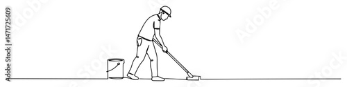 Janitor mopping floor with bucket, cleaning service line art