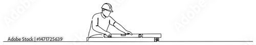construction worker measuring wood plank in minimal one line drawing vector