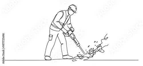 worker using jackhammer to break concrete, black and white continuous line vector