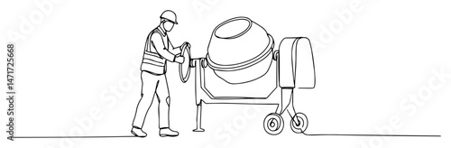 worker operating concrete mixer, black and white continuous line vector drawing