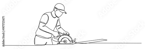 Worker cutting plank with circular saw, one‑line drawing illustration