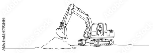 Excavator digging soil pile, heavy machinery line art